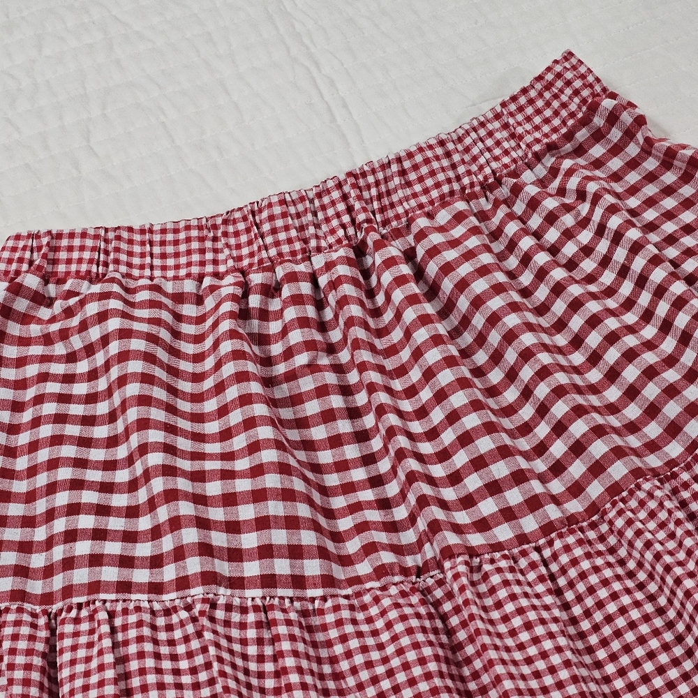 Women's Gingham Tiered Layer Skirt Flowy Elastic High Waist Skirt - Picture 6 of 6
